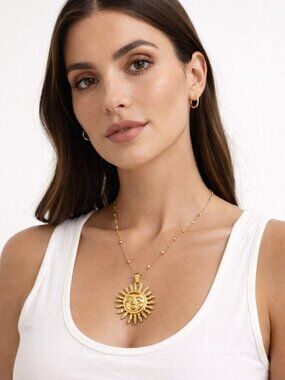 Sun Face Pendant Necklace · Beaded Chain · Stainless Steel · 20 Inch + 2 Inch Ad
